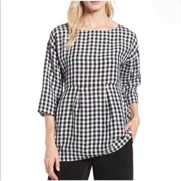 SOLD Eileen Fisher Linen Gingham 3/4 Sleeve Blouse - Picture 8 of 8
